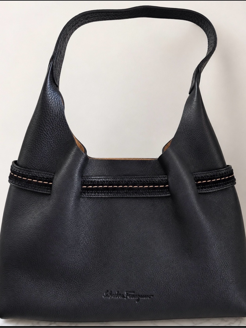 Salvatore Ferragamo Black Leather Shoulder Bag with Tan Interior